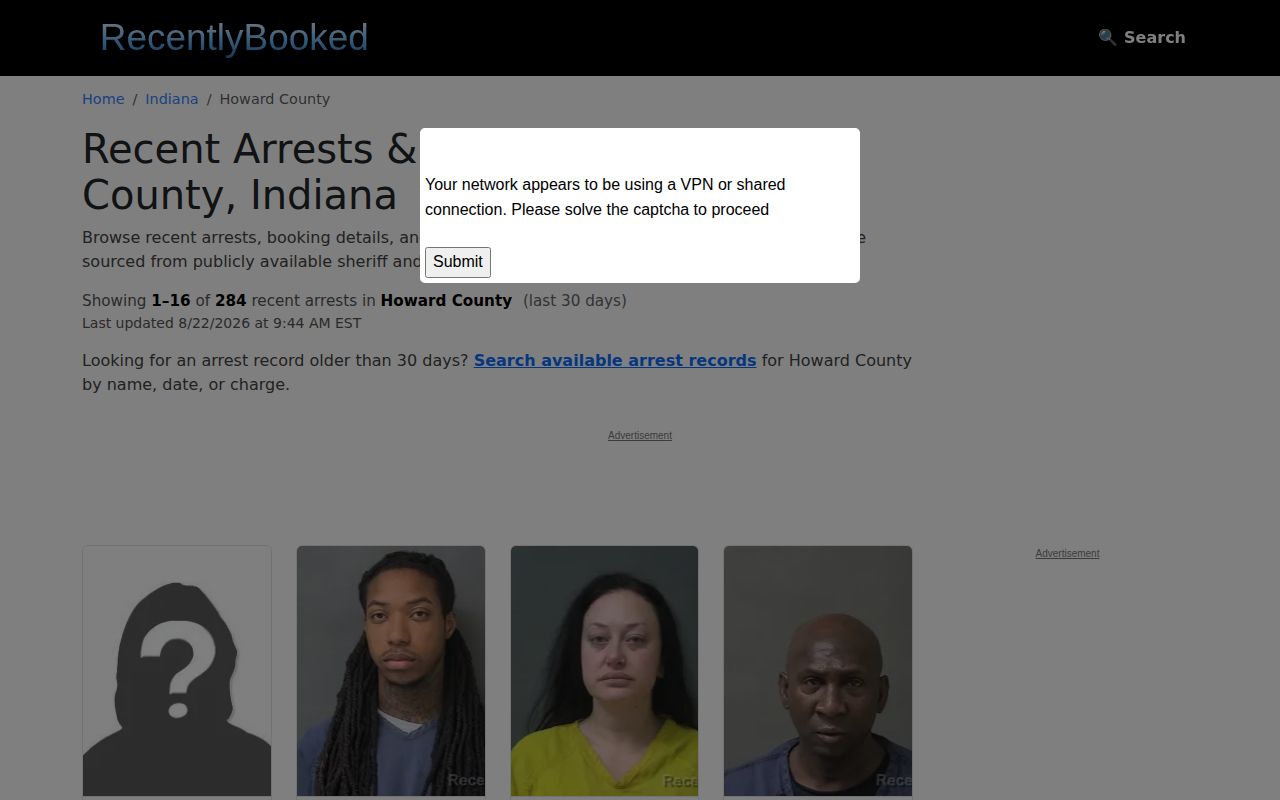 Unofficial Howard County thirty-day booking archive interface