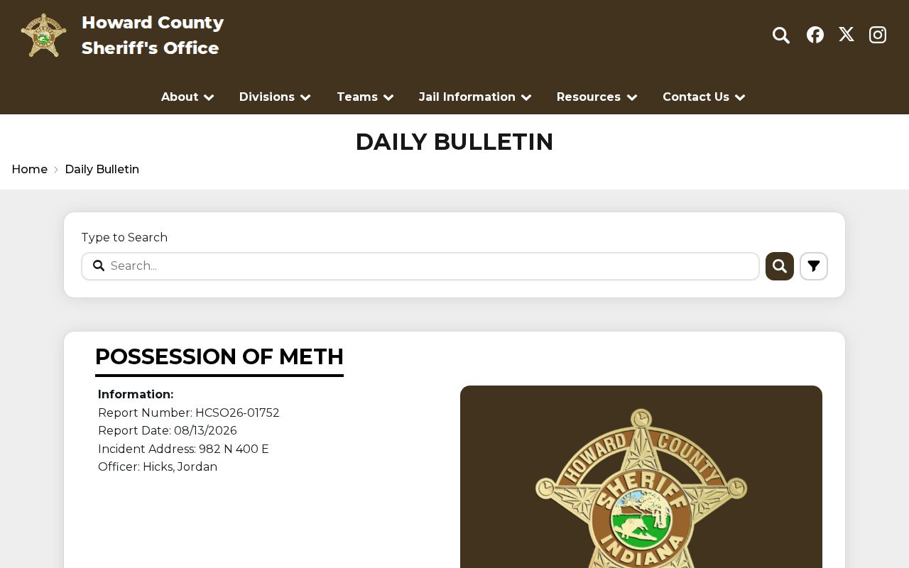 Howard County Sheriff Daily Bulletin search interface