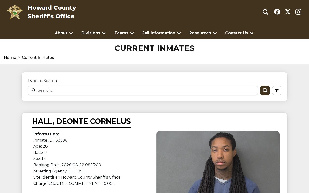 Howard County Sheriff current inmate roster search interface