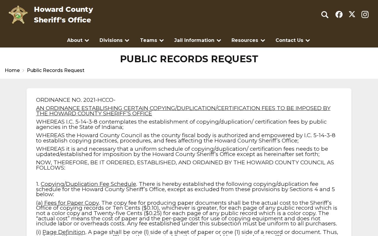 Howard County Sheriff public records request page