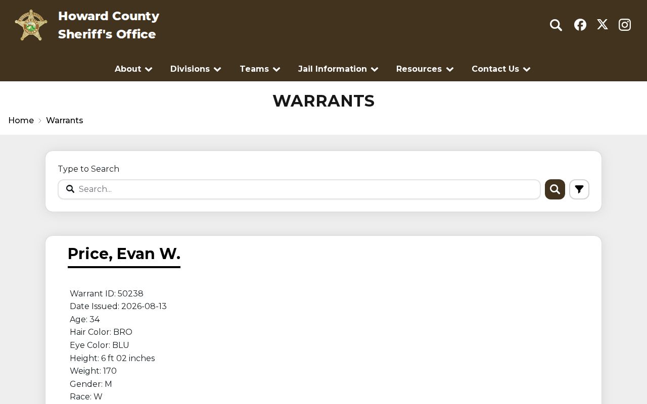 Howard County active warrant search interface