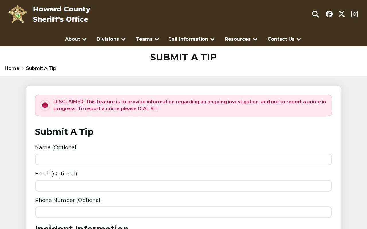 Howard County official warrant tip form